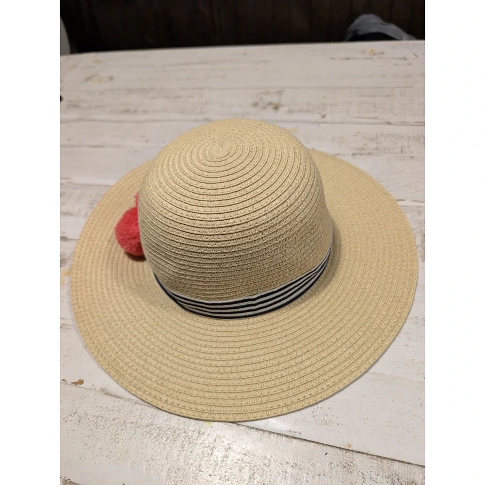 Talbots Women's Wide Brim Sun Hat Black White Pink Pom Pom Beach Summer Vacation
